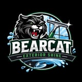 Bearcat Exterior Shine logo featuring an aggressive black wildcat with open mouth, spray bottle, and water splash elements on dark background